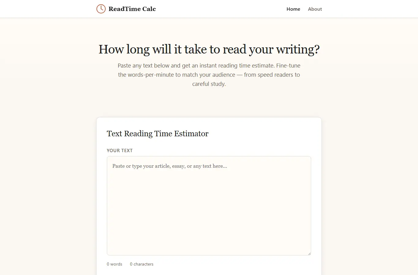 Screenshot of ReadTime Calc – Estimate Reading Time Instantly interface showing the project page in use